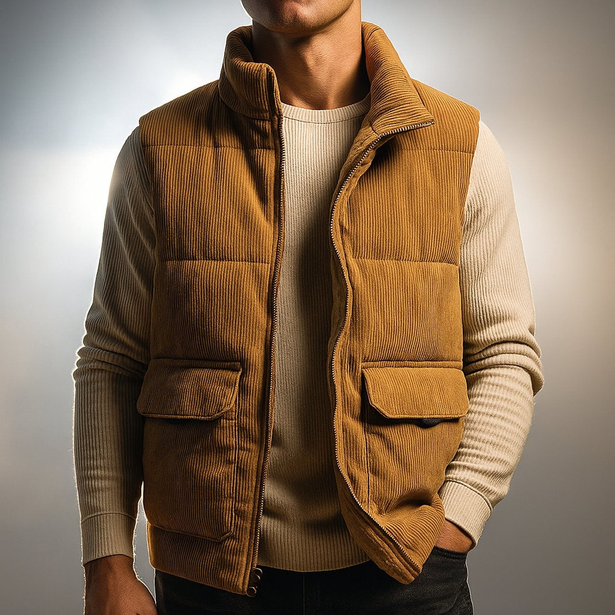Man wearing tan corduroy gilet with flap pockets over cream jumper