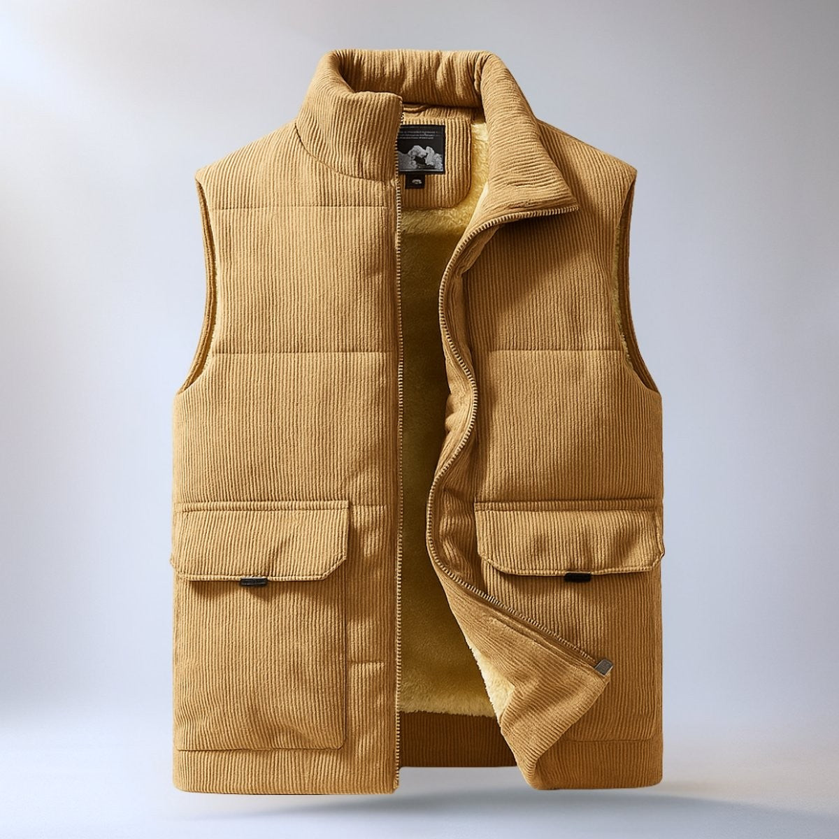 Mustard corduroy zip-up gilet with quilted panels and flap pockets