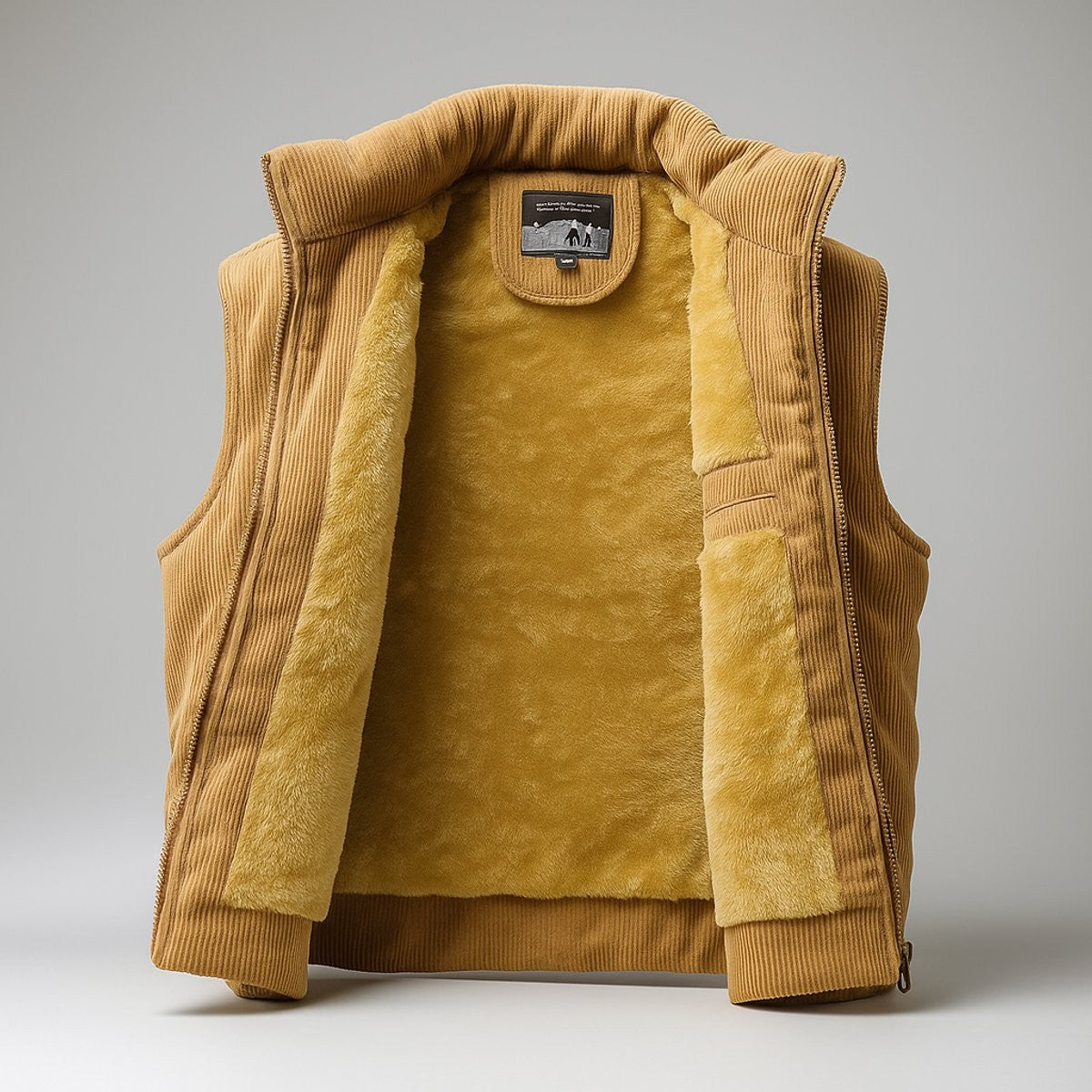 Mustard corduroy gilet unzipped showing soft fleece lining