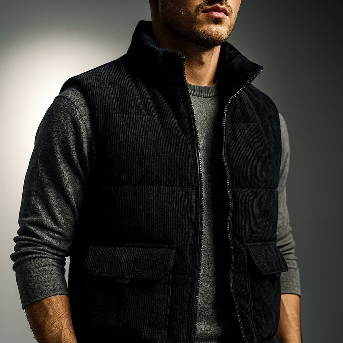 Man modelling black corduroy quilted gilet with stand collar