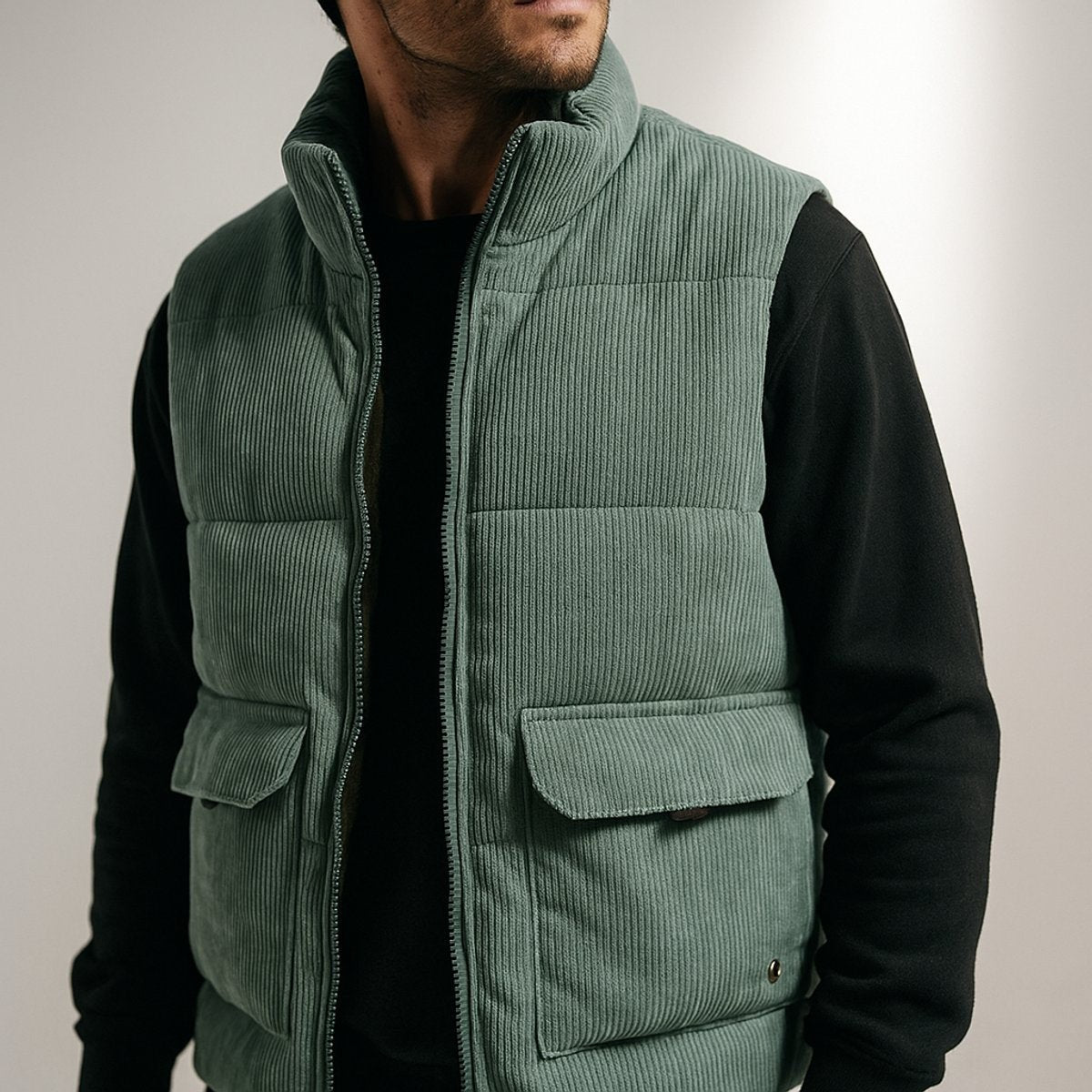 Man wearing sage green corduroy gilet over black jumper