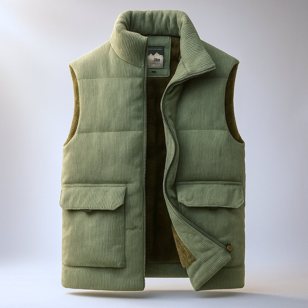 Sage green corduroy zip gilet with quilted body and fleece lining