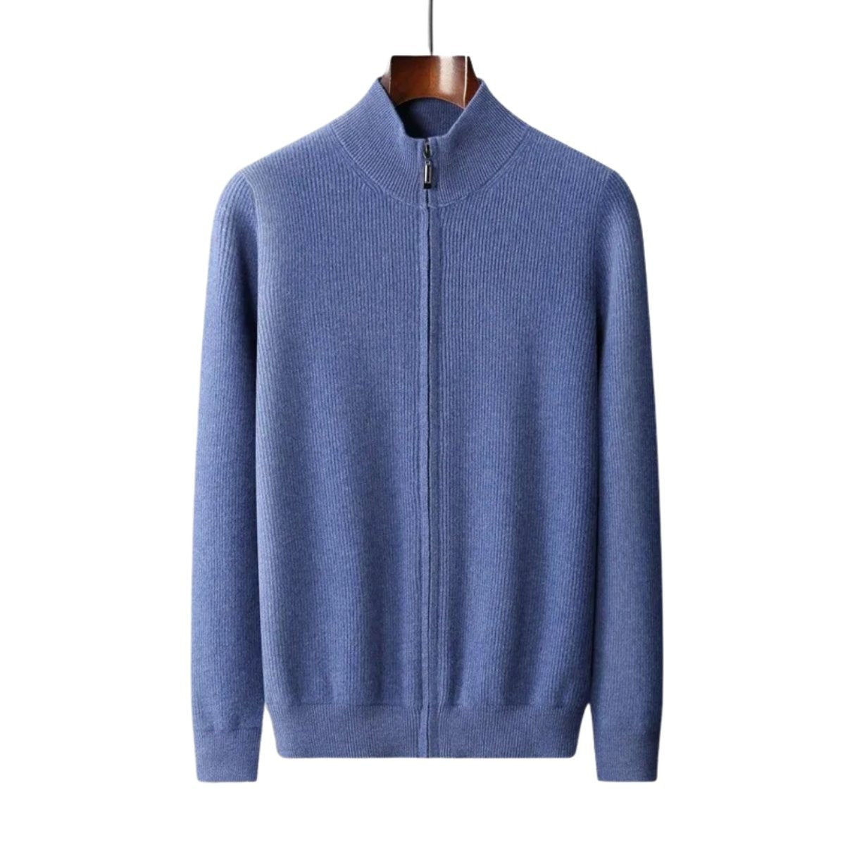 Blue ribbed cashmere jumper with full-zip stand collar on a wooden hanger