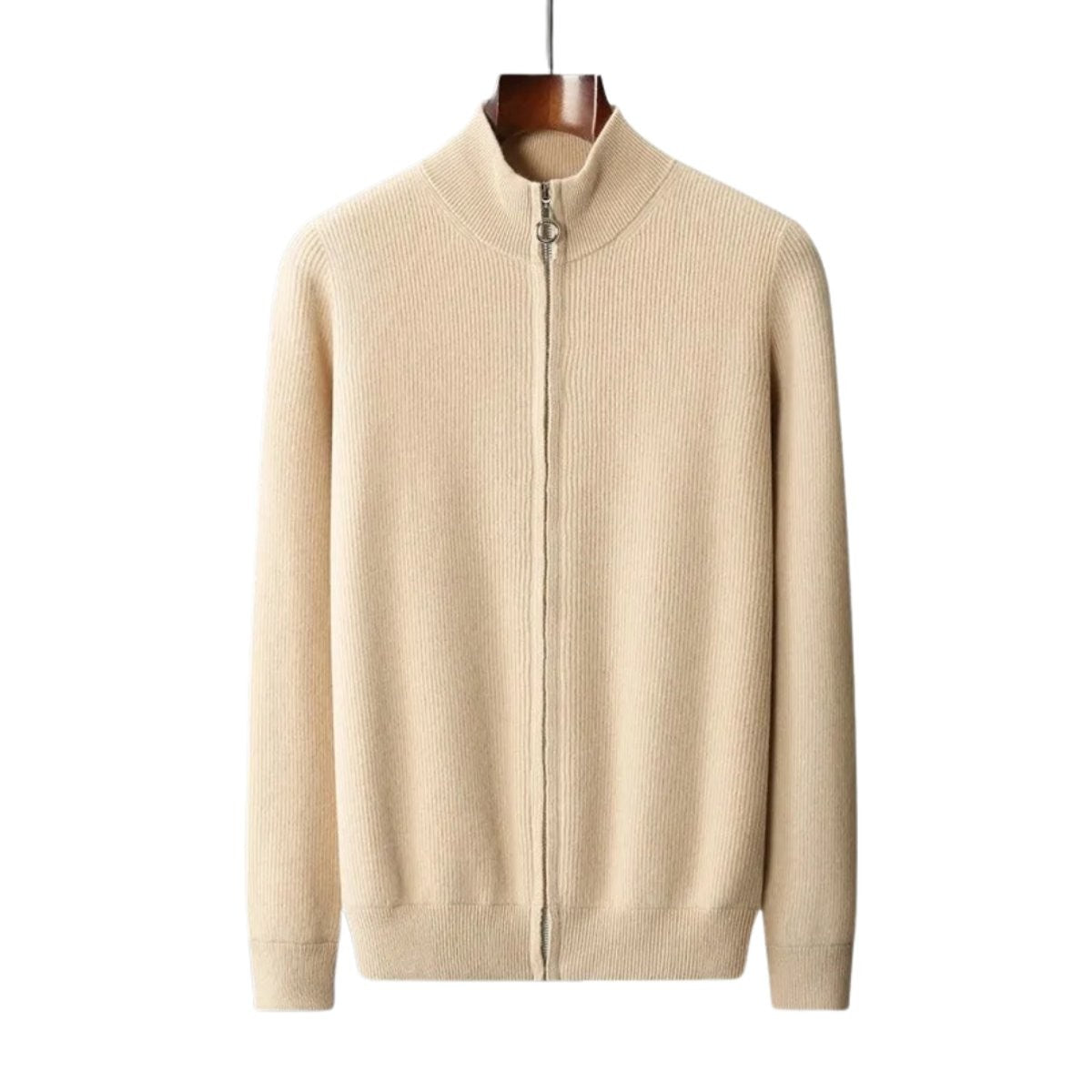 Cream ribbed cashmere jumper with full-zip stand collar displayed on a hanger