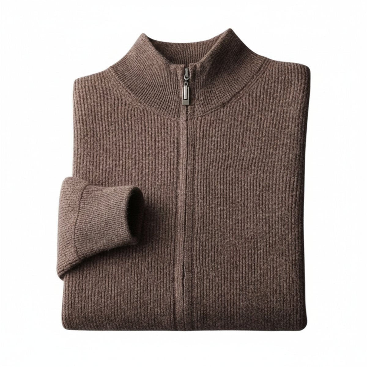Folded brown cashmere jumper showing ribbed knit and zip stand collar