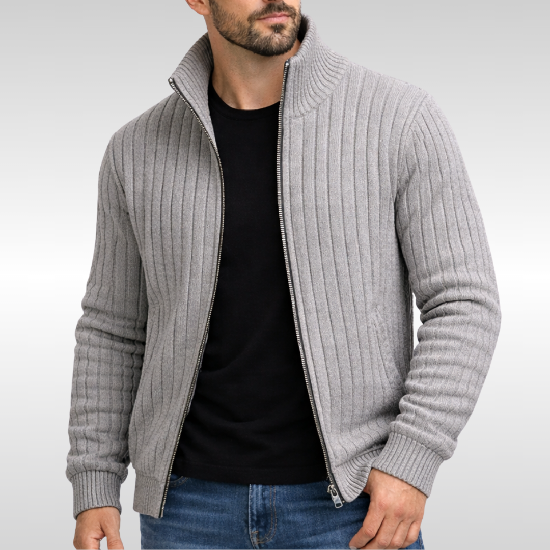 Close-up of grey ribbed zip-up cardigan with high stand collar