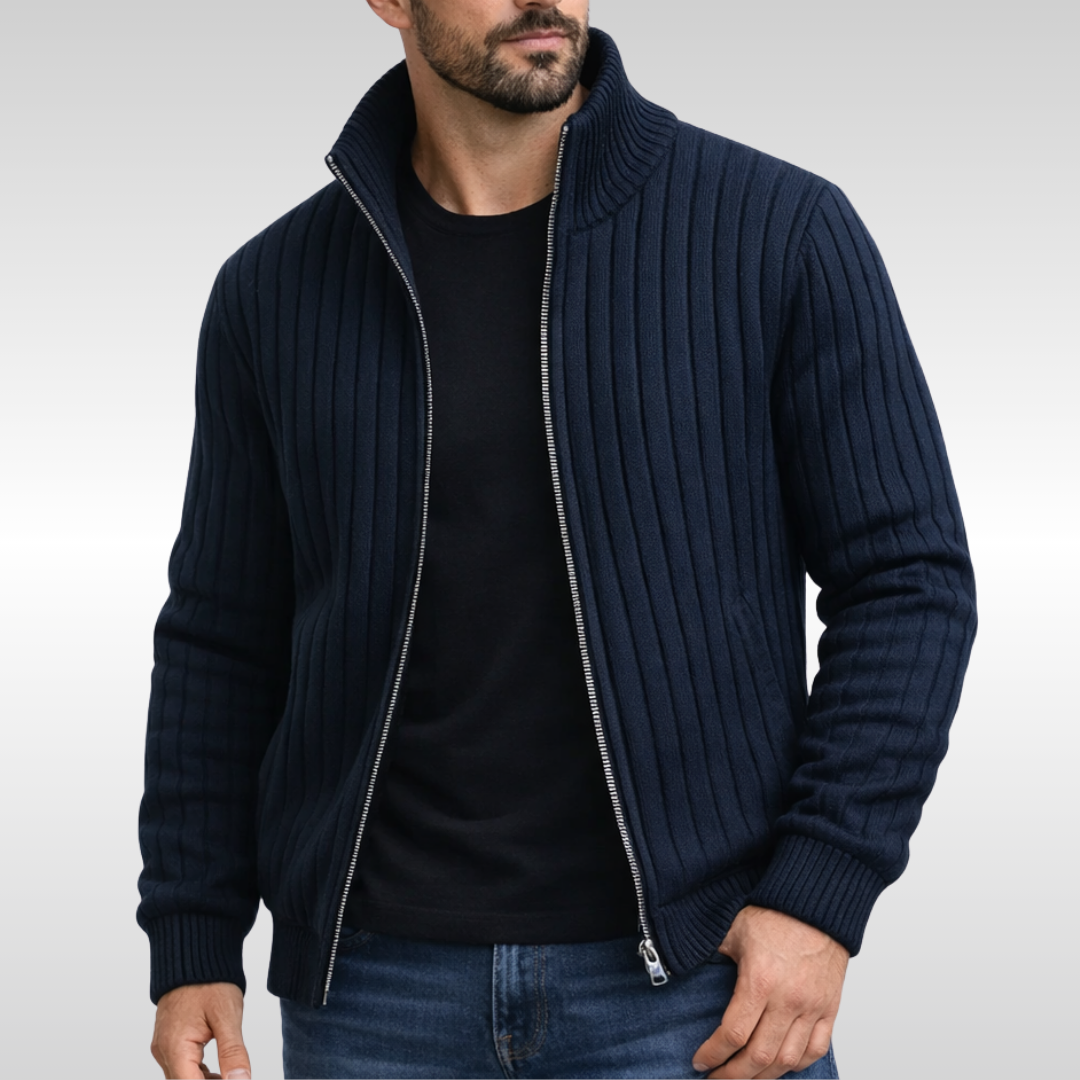 Navy ribbed knit zip cardigan with stand collar and metal zip fastening