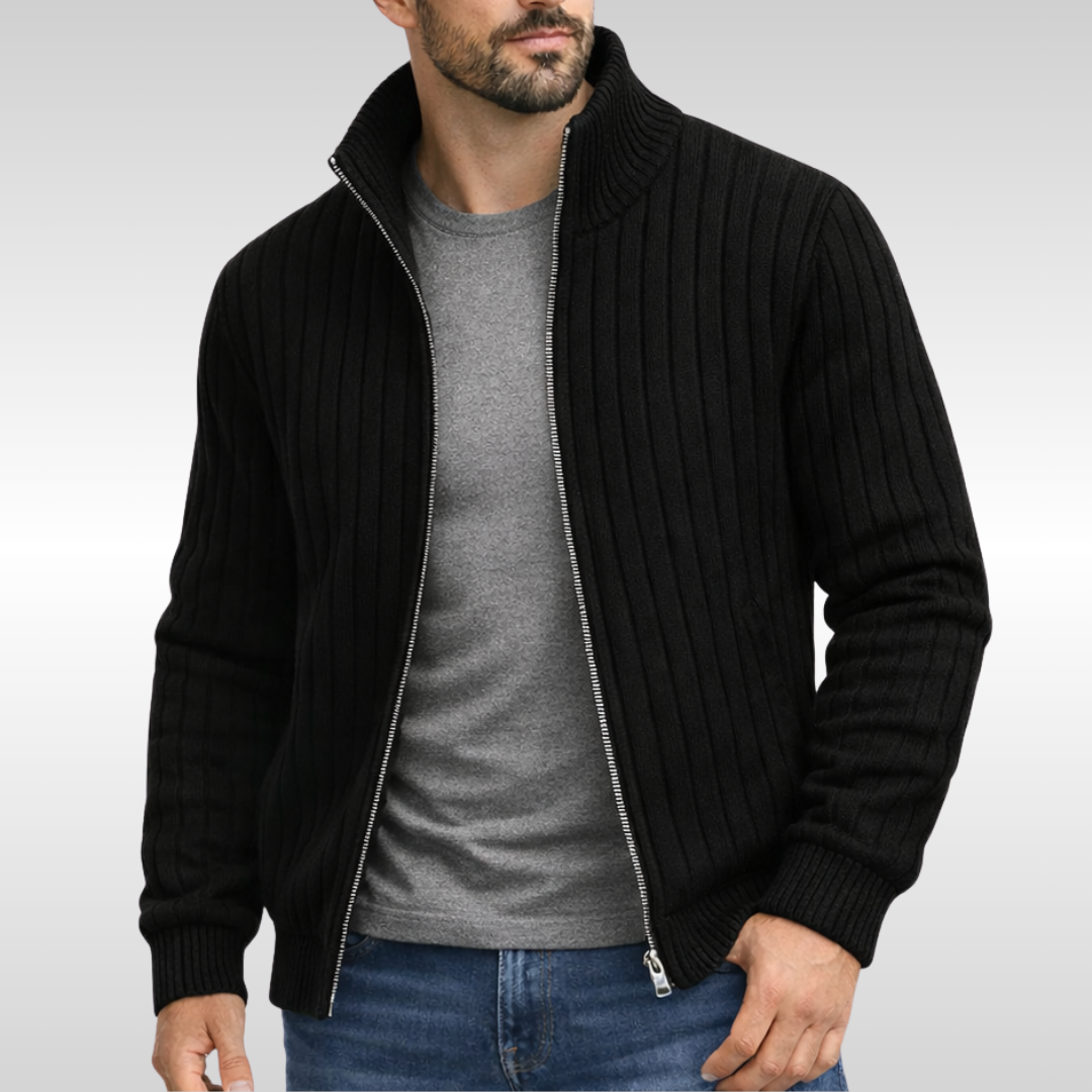 Black ribbed knit zip-up cardigan styled with grey crew neck top