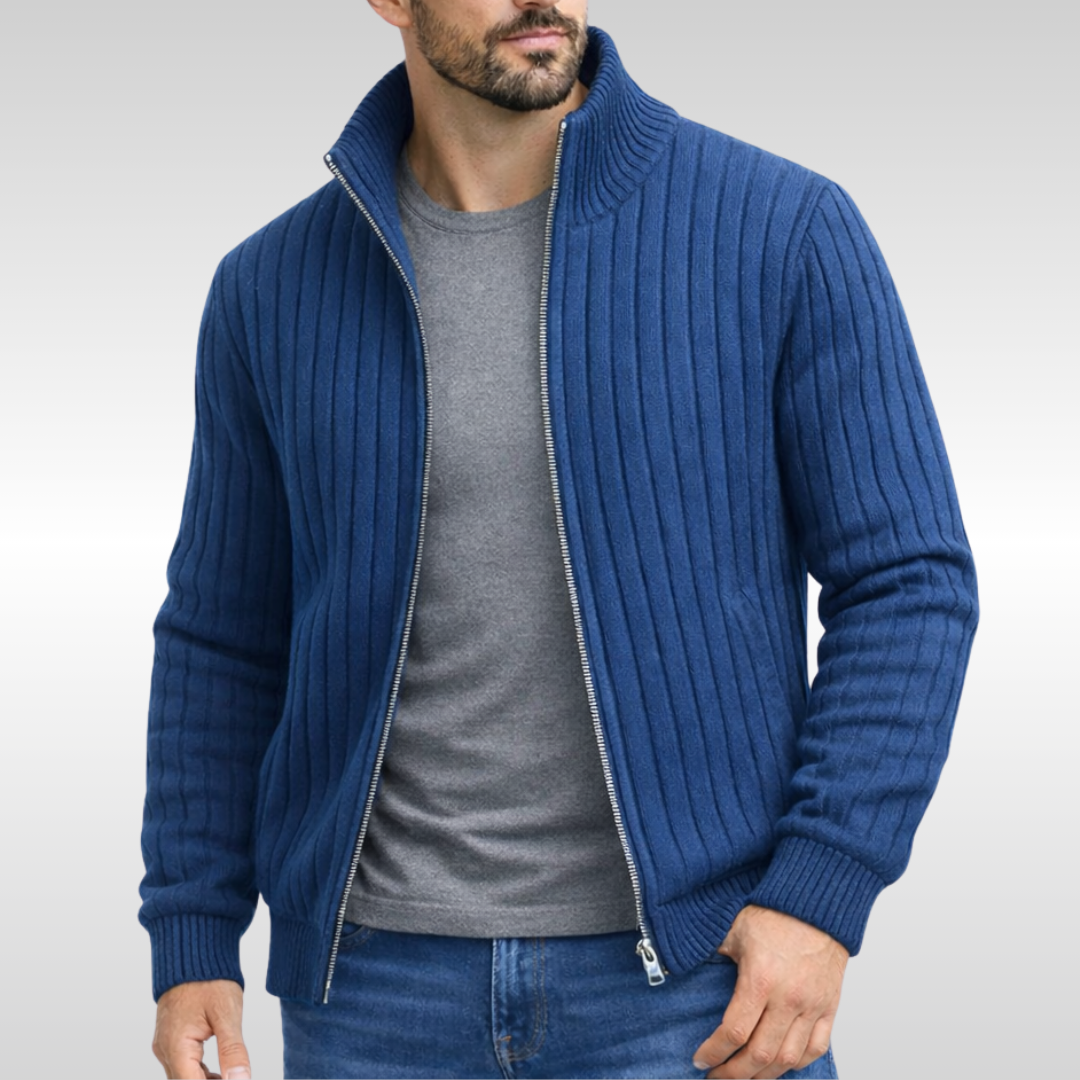 Blue ribbed knit zip cardigan with stand collar and full-length sleeves