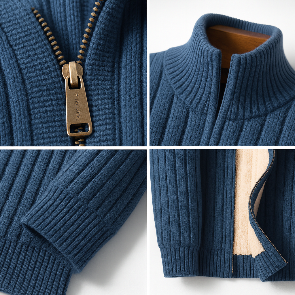 Detail shots showing zip fastening, ribbed collar and fleece lining of blue cardigan