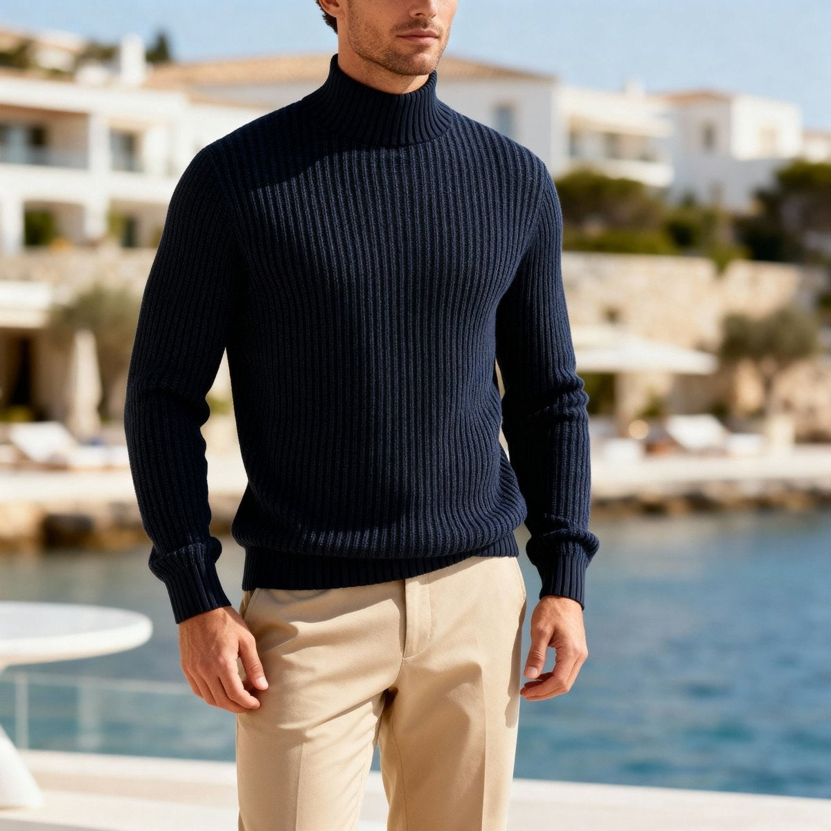 Navy ribbed mock neck jumper worn with beige trousers by harbourside