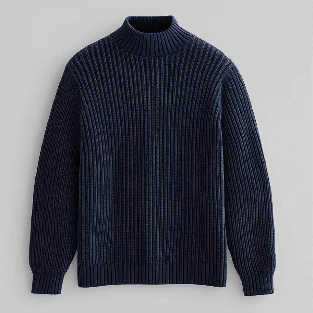 Navy ribbed cotton mock neck jumper laid flat against a grey background