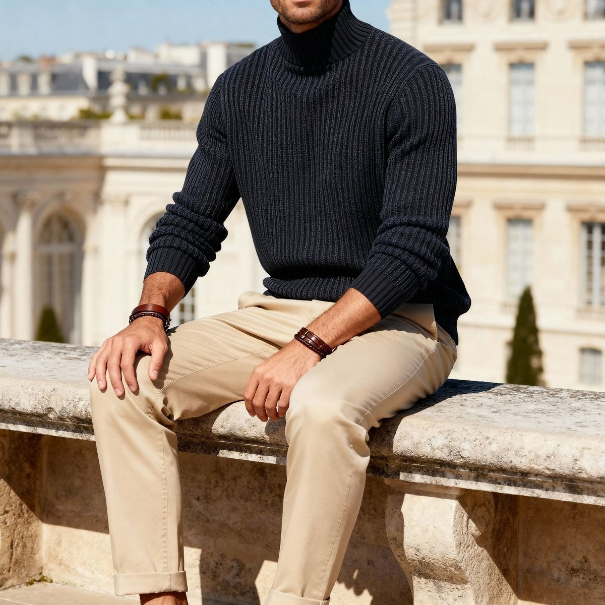 Man sitting in navy ribbed mock neck jumper paired with beige chinos