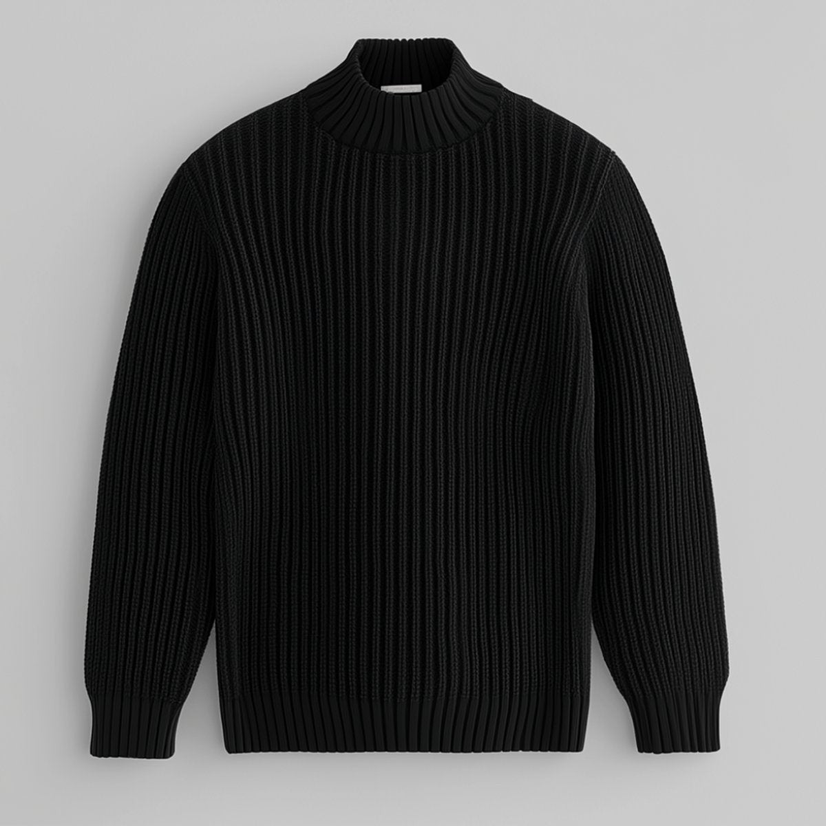 Black ribbed cotton mock neck jumper displayed flat on grey backdrop