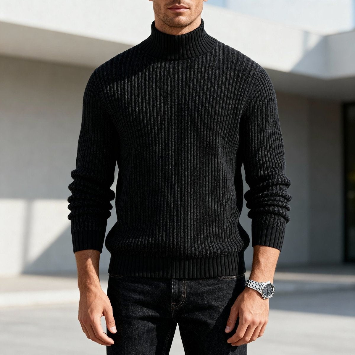 Black ribbed mock neck jumper styled with dark denim jeans