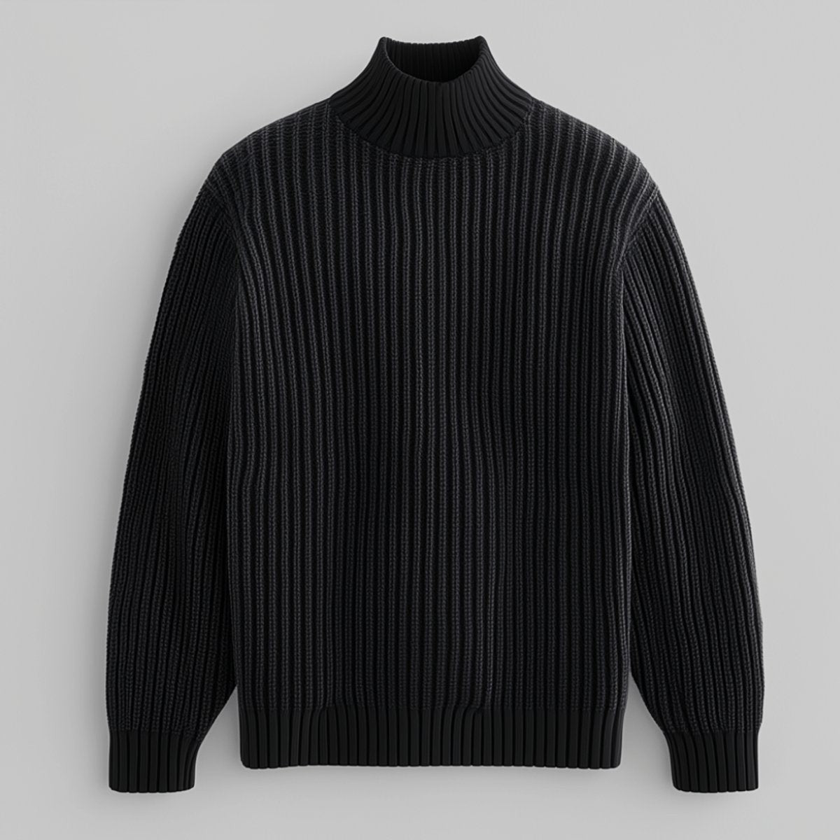 Black ribbed cotton pullover with mock neck shown flat on grey backdrop