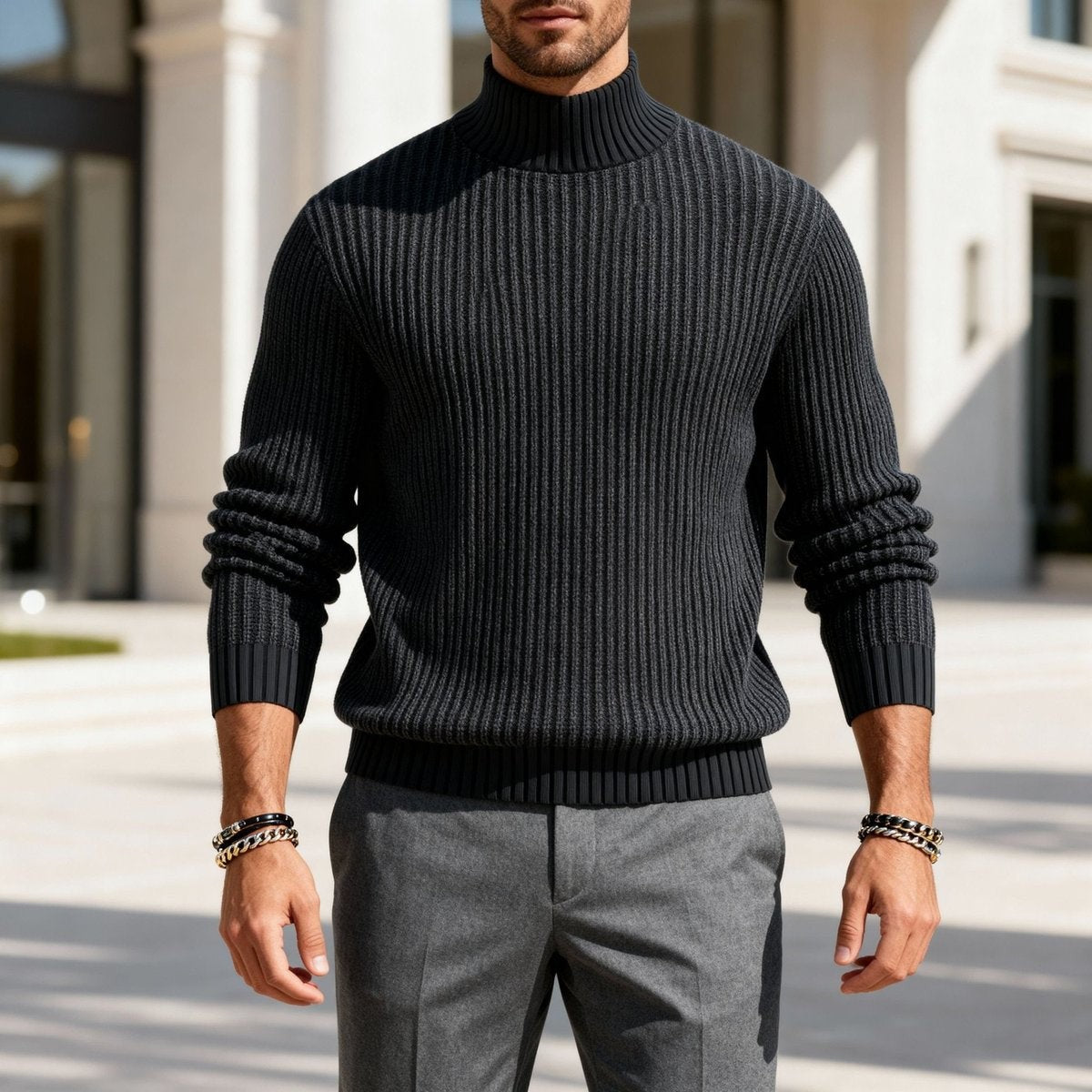 Charcoal ribbed mock neck jumper teamed with tailored grey trousers