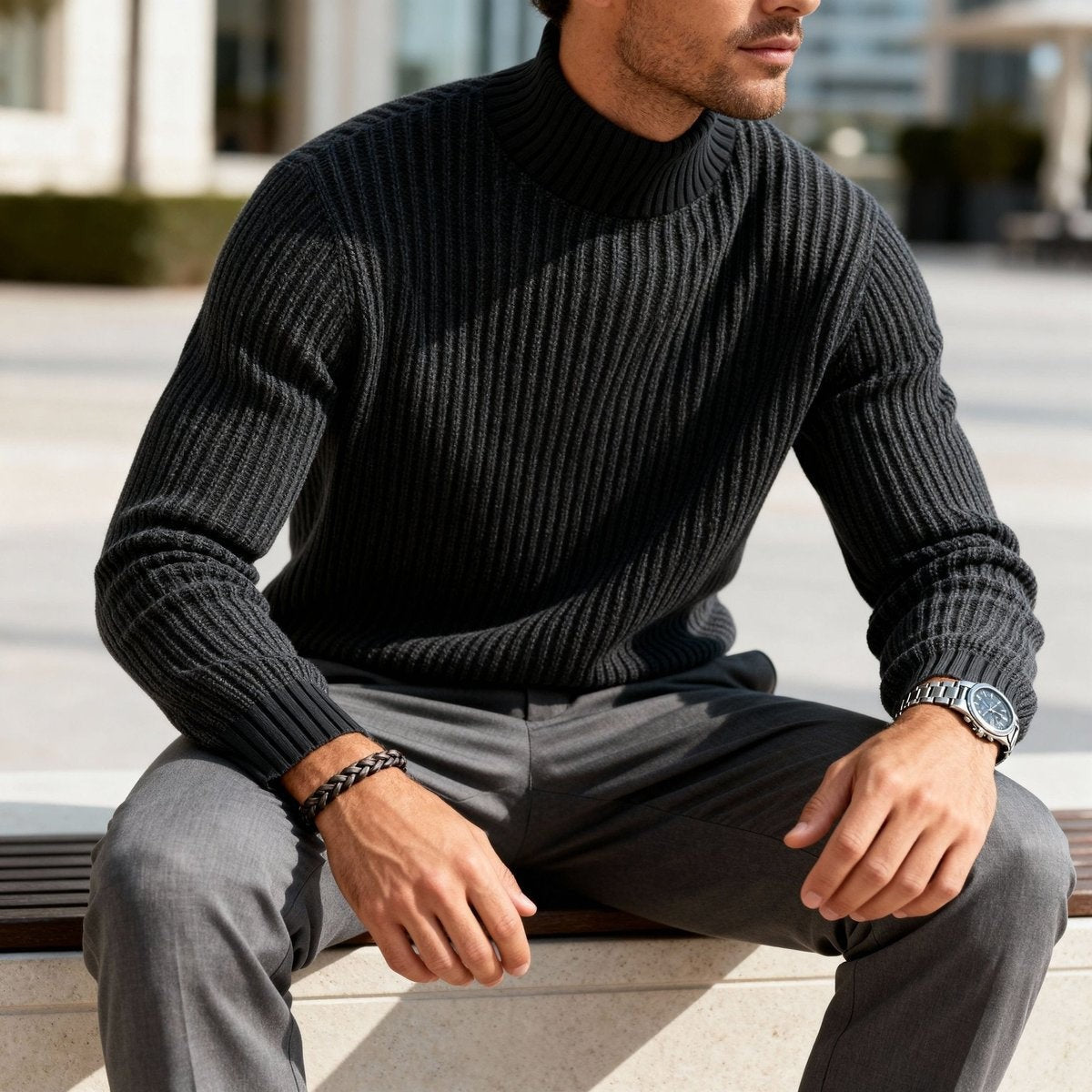 Charcoal ribbed pullover with mock neck worn seated in smart grey trousers