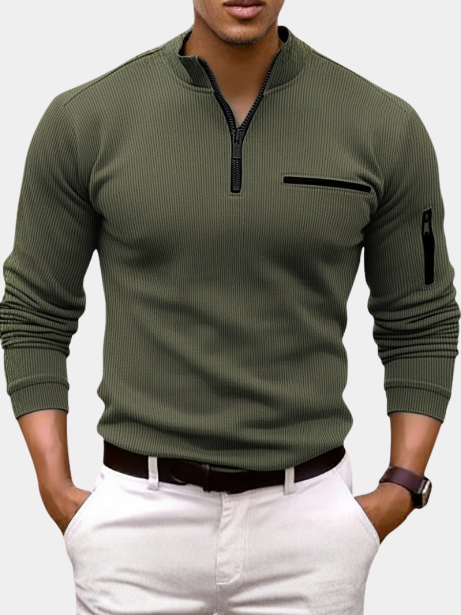 Khaki green quarter-zip jumper with ribbed texture and sleeve zip pocket