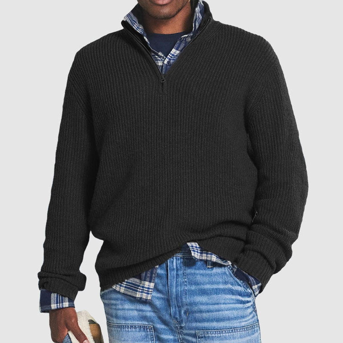 Black ribbed knit quarter-zip jumper worn with plaid shirt collar showing