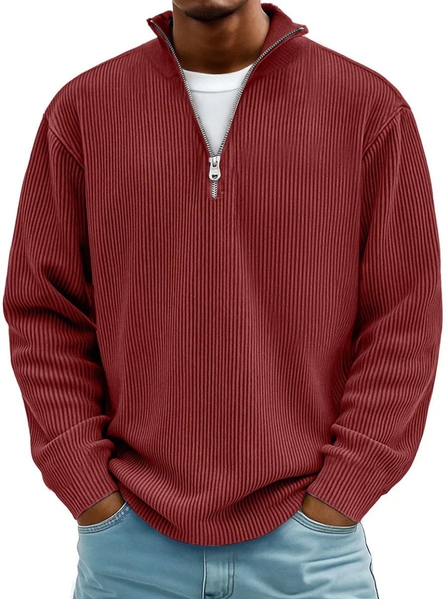 Rust red ribbed knit quarter-zip jumper with mock neck collar