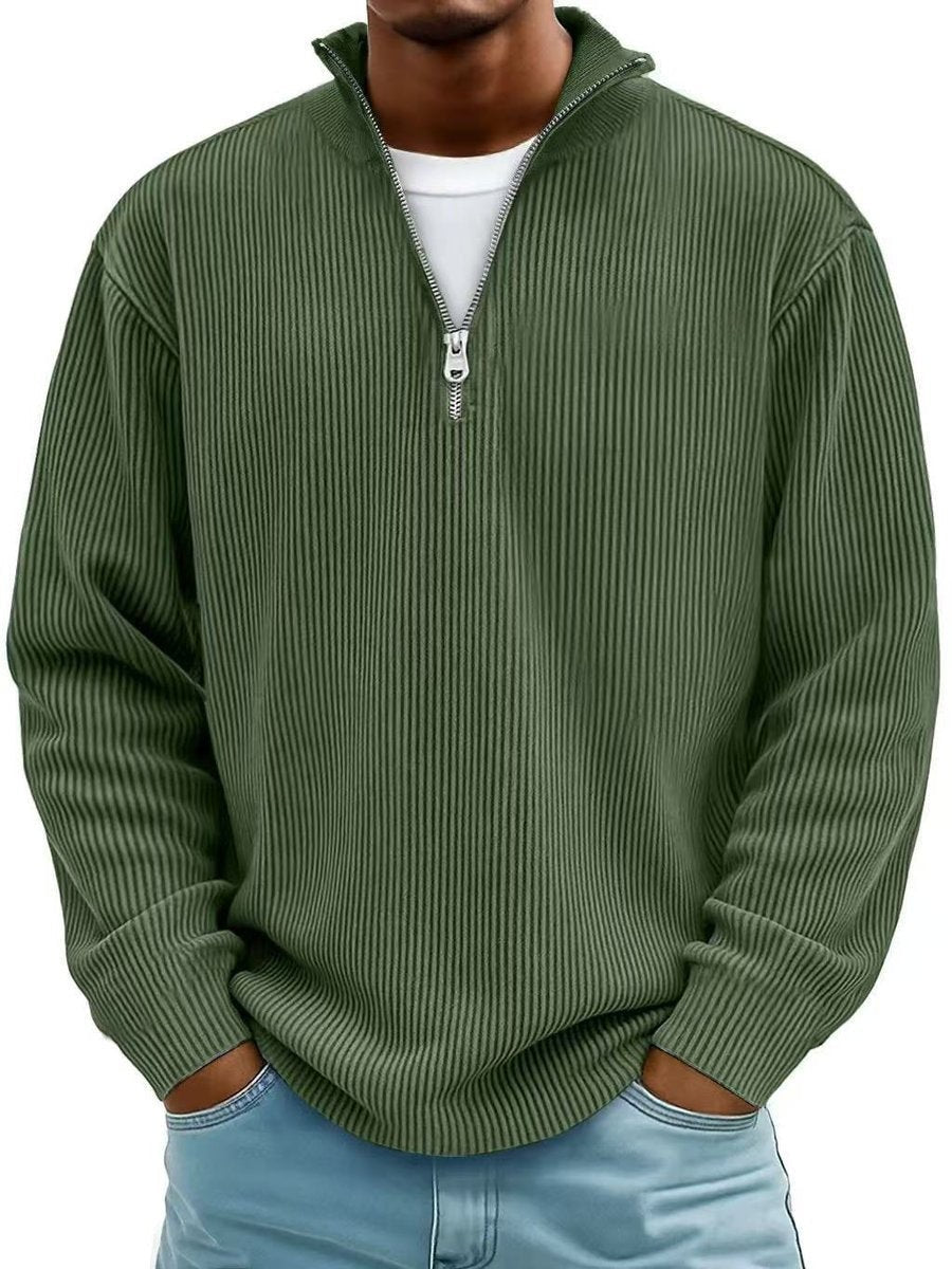 Olive green ribbed knit quarter-zip pullover with stand-up collar