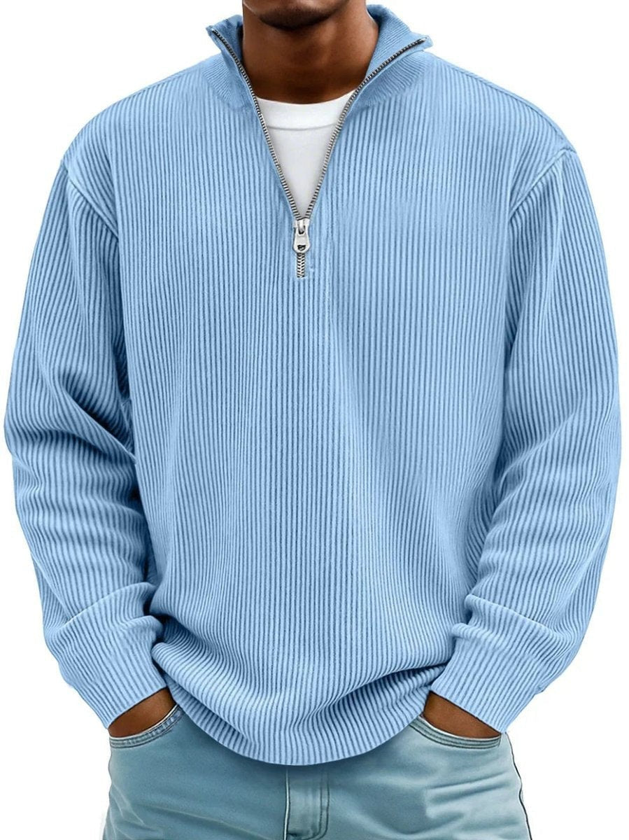 Sky blue ribbed knit quarter-zip pullover with stand-up collar