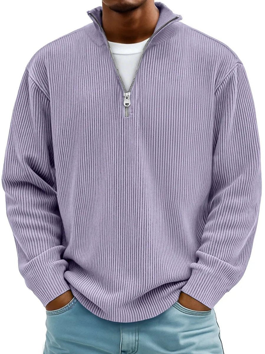 Lilac ribbed knit quarter-zip jumper with silver zip and stand collar