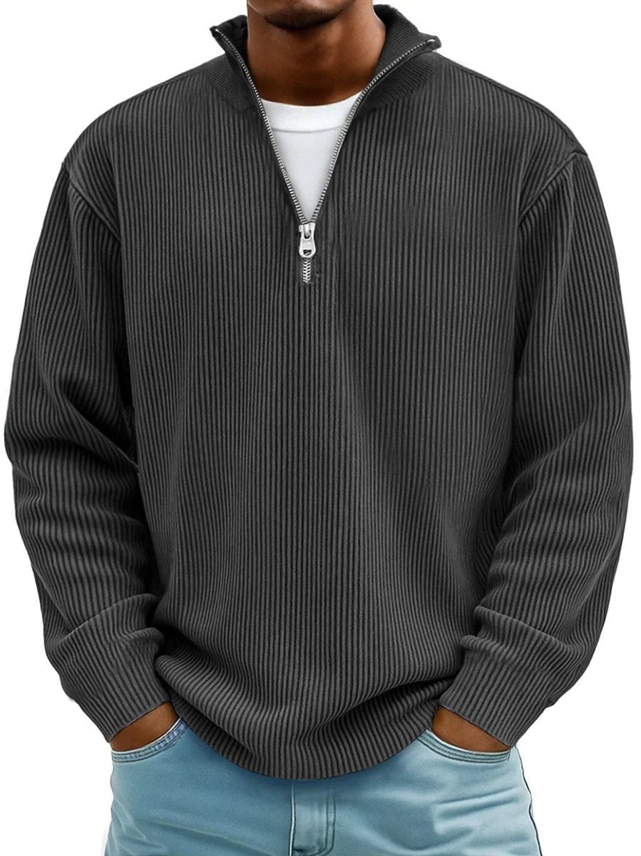 Charcoal grey ribbed knit quarter-zip pullover with stand-up collar