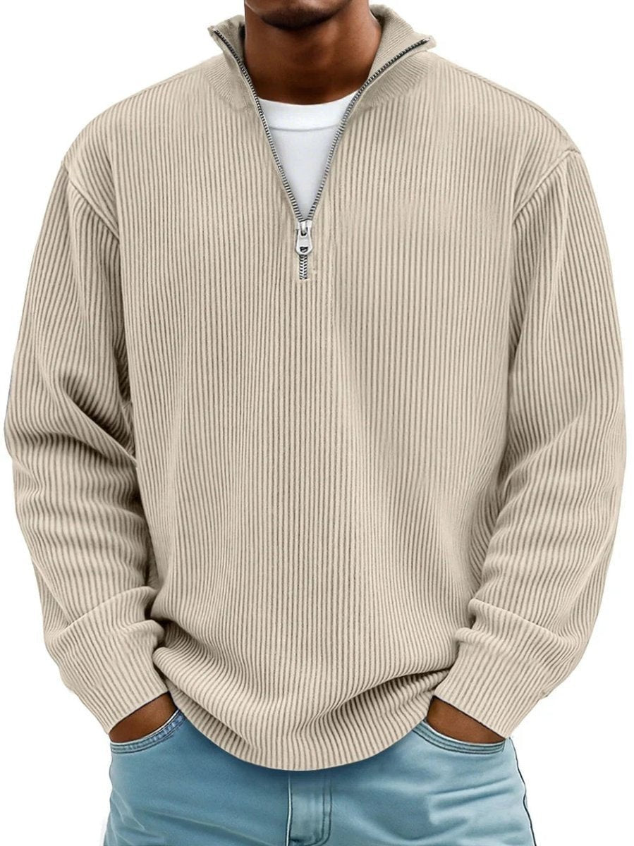 Beige ribbed knit quarter-zip jumper with stand collar and relaxed fit