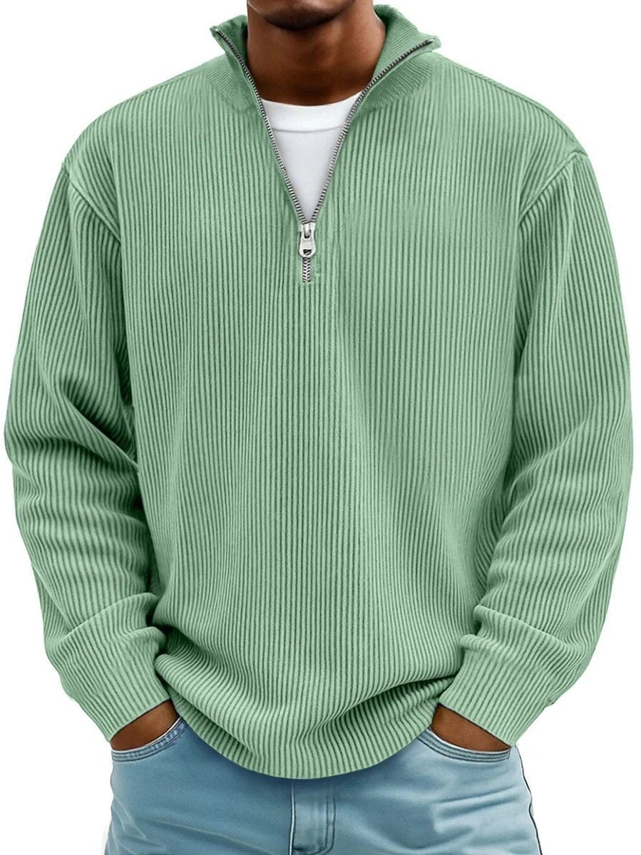 Sage green ribbed knit quarter-zip pullover with stand-up collar