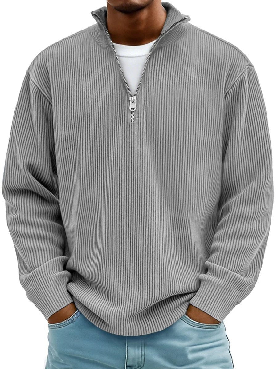 Light grey ribbed knit quarter-zip jumper with stand collar and zip fastening