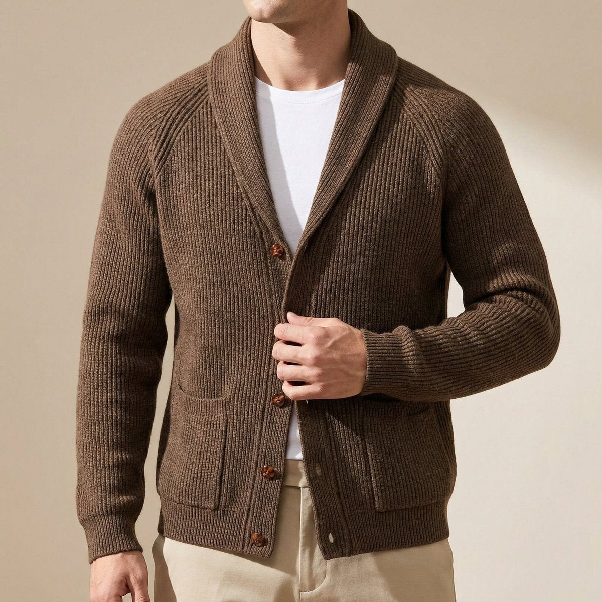 Brown ribbed wool cardigan with shawl collar and horn-style buttons