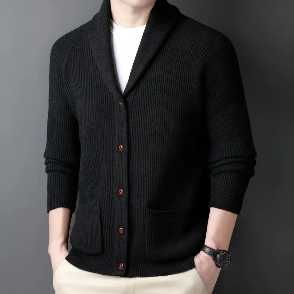 Black ribbed shawl-collar cardigan with patch pockets and tortoiseshell buttons