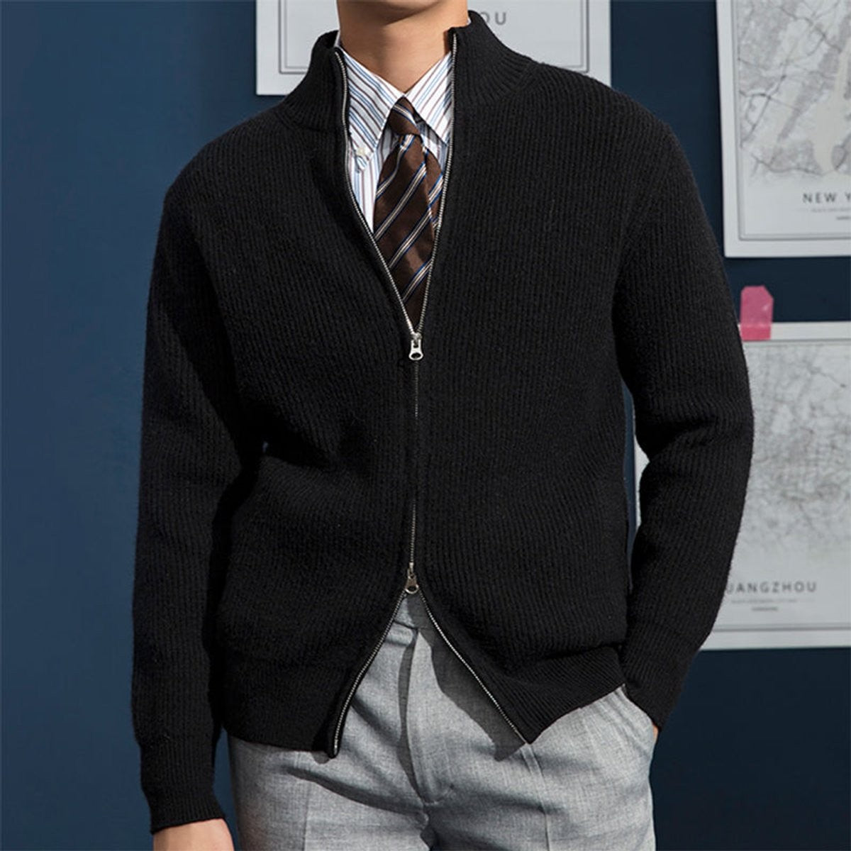 black ribbed-knit full-zip cardigan jumper with stand collar and shirt tie