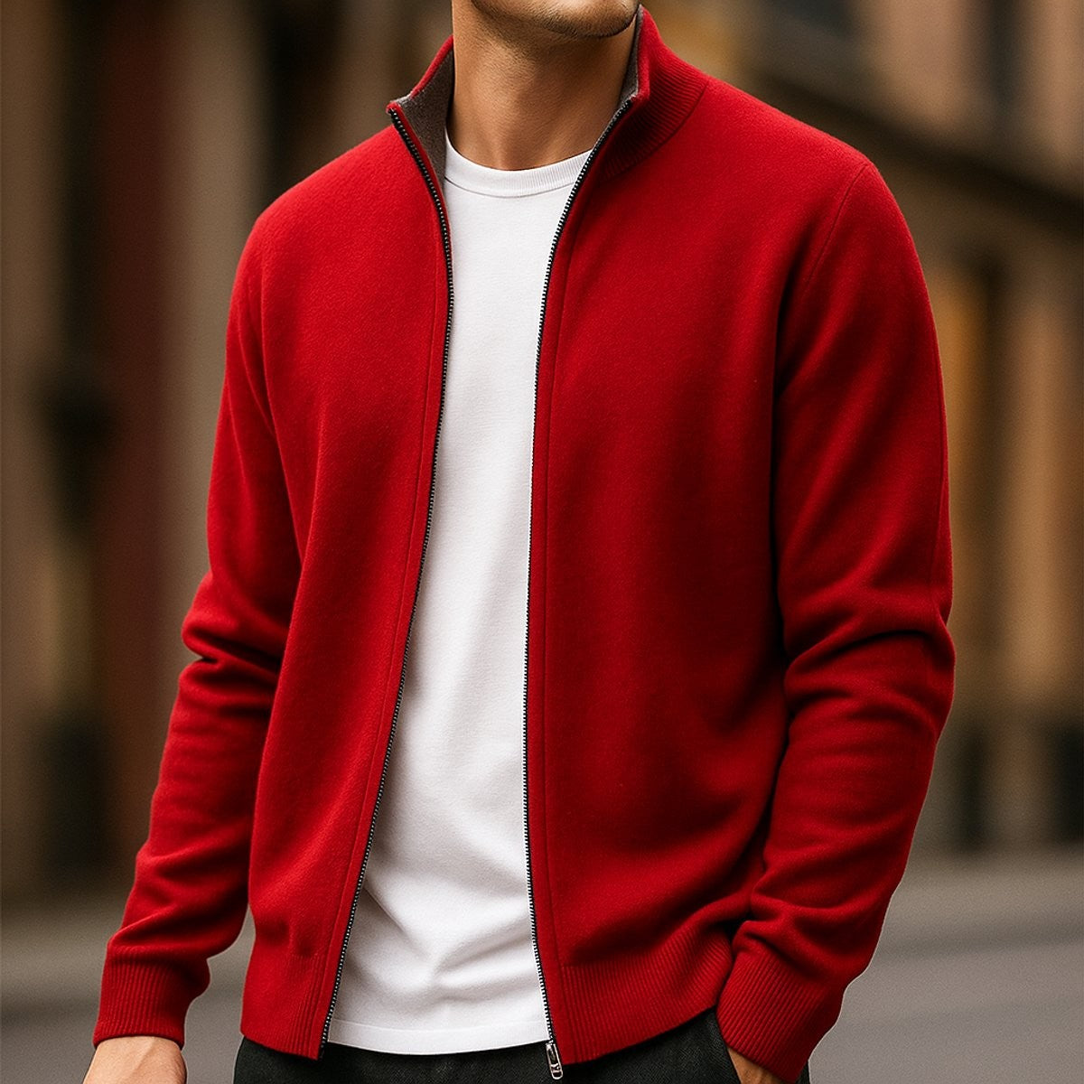 Man wearing red zip-up cashmere cardigan over white T-shirt