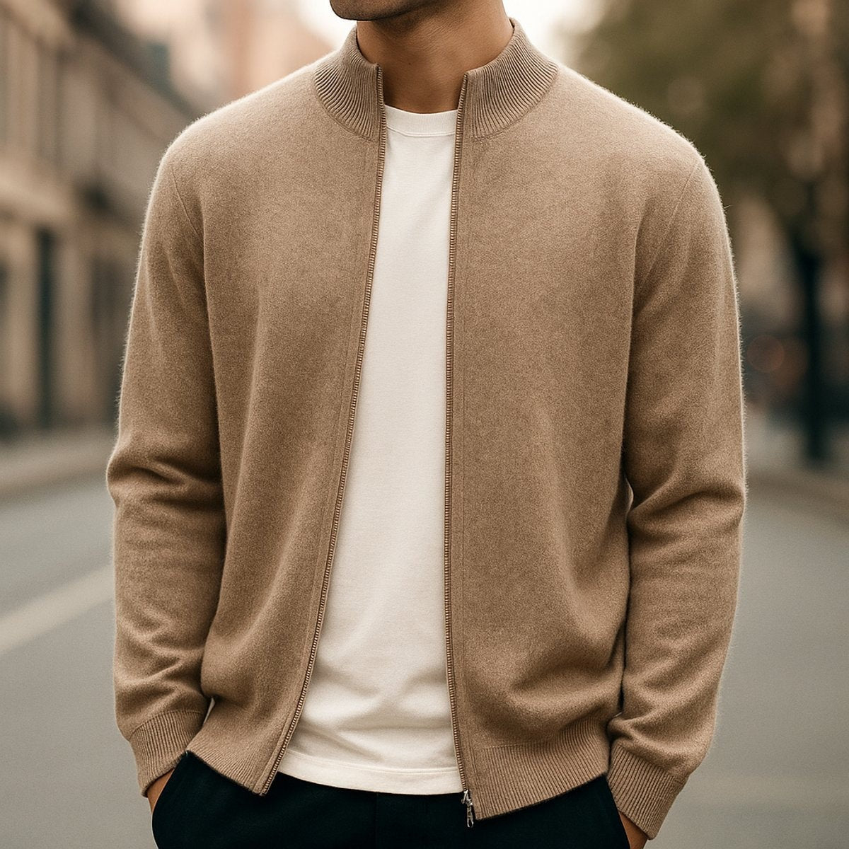 Man wearing beige cashmere zip cardigan with ribbed trim outdoors