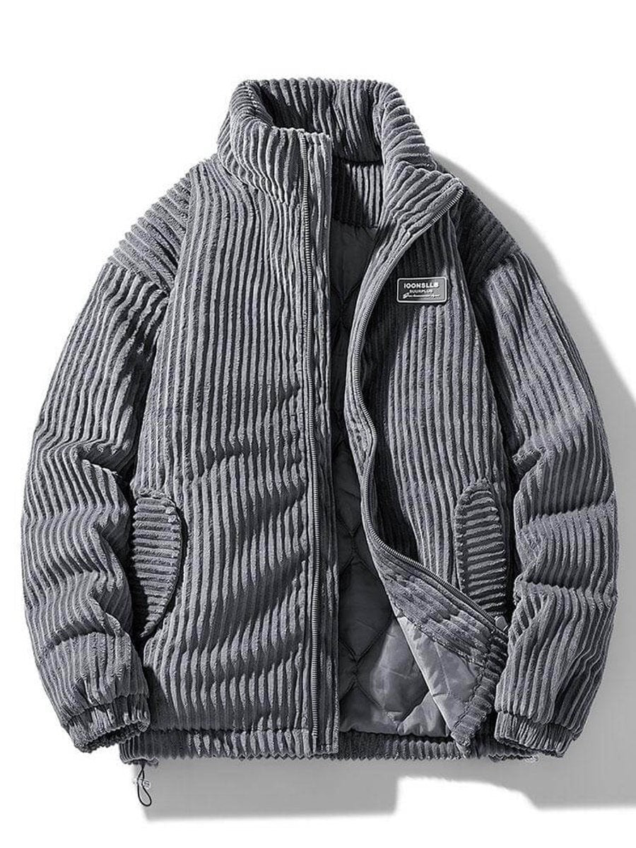 Grey corduroy quilted puffer jacket with ribbed texture and stand collar