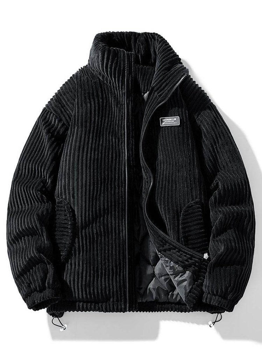 Black corduroy padded puffer jacket featuring full-zip fastening and drawstring hem