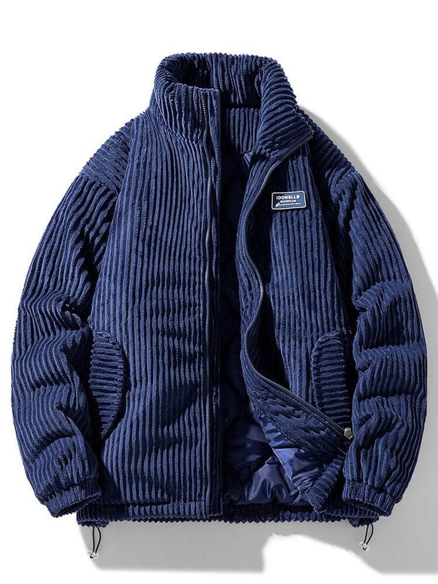 Navy corduroy quilted puffer jacket with high collar and side pockets
