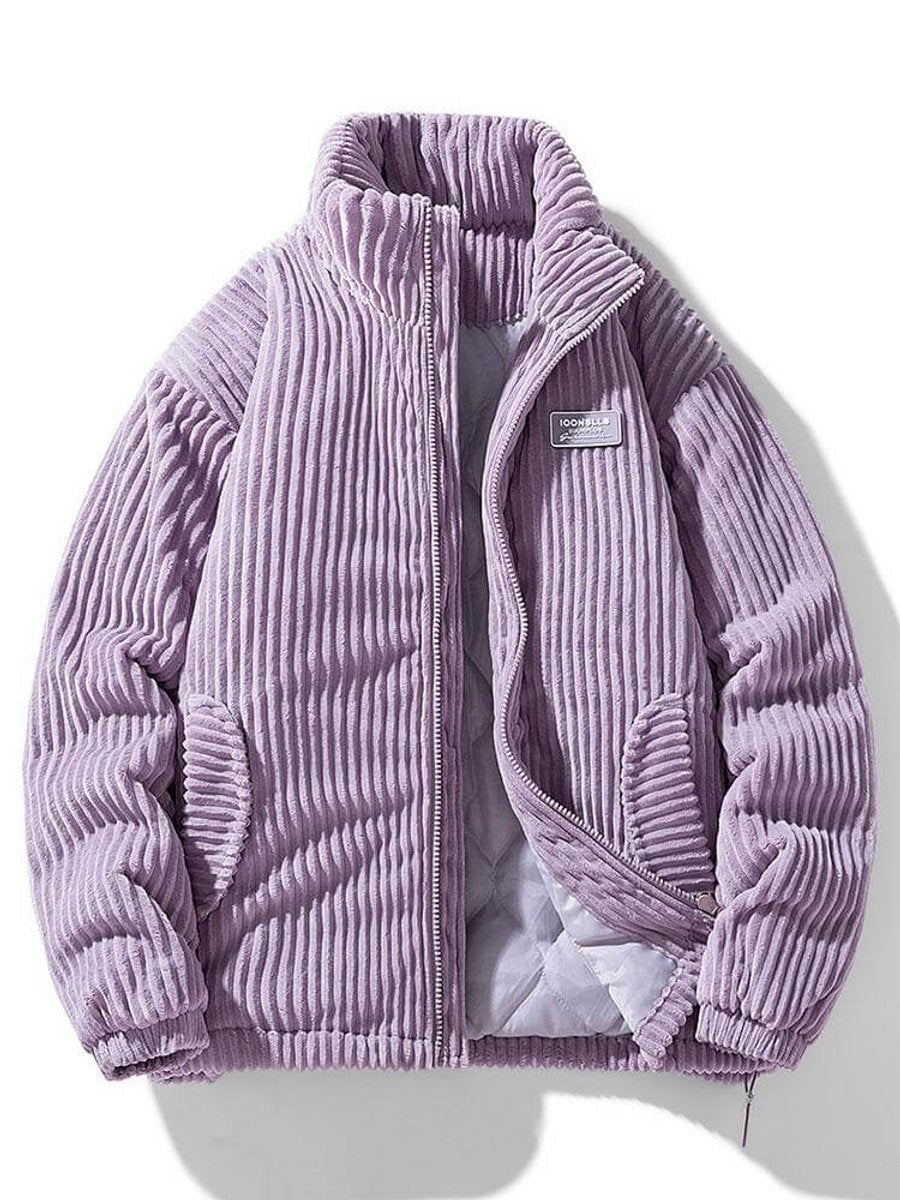 Lilac corduroy padded puffer jacket with ribbed sleeves and zip closure
