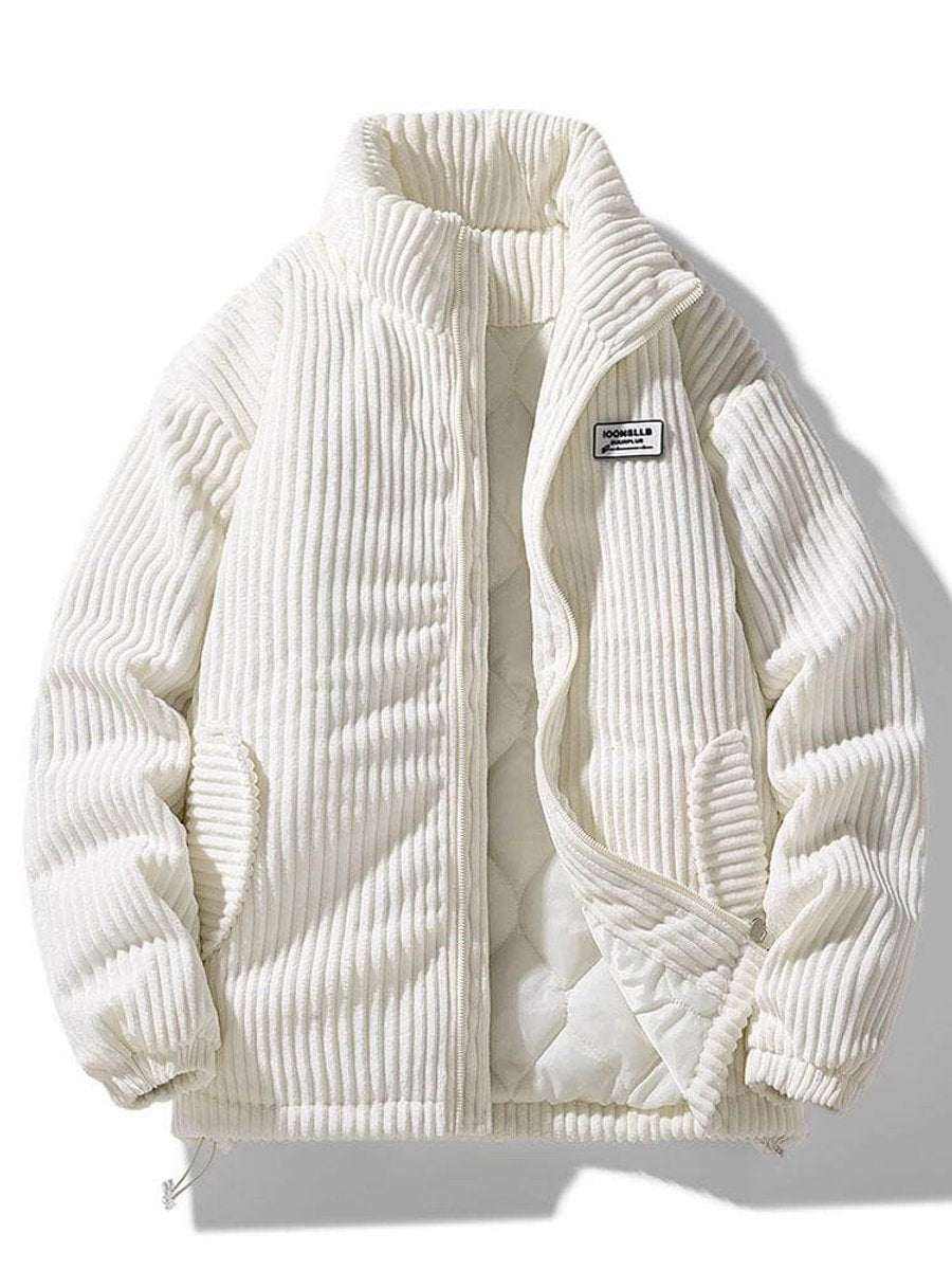 Cream corduroy quilted puffer jacket with textured ribbing and stand collar