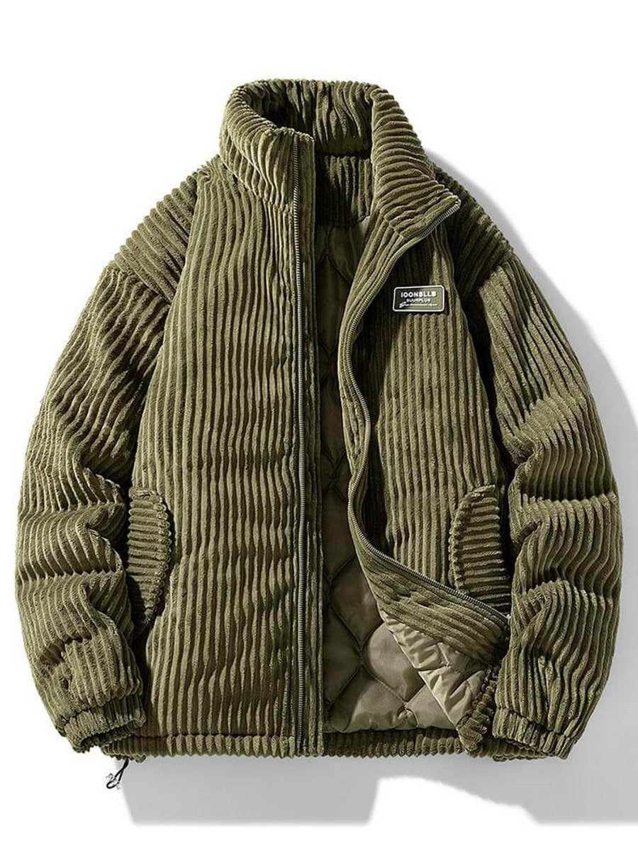 Khaki corduroy padded puffer jacket with diamond-quilted lining and drawstring cuffs