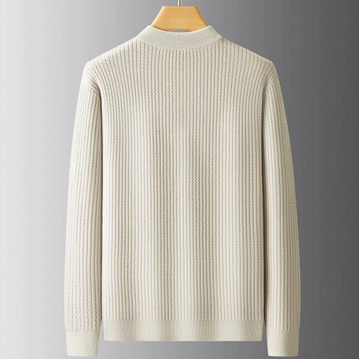 Rear view of beige ribbed knit crew neck jumper on hanger