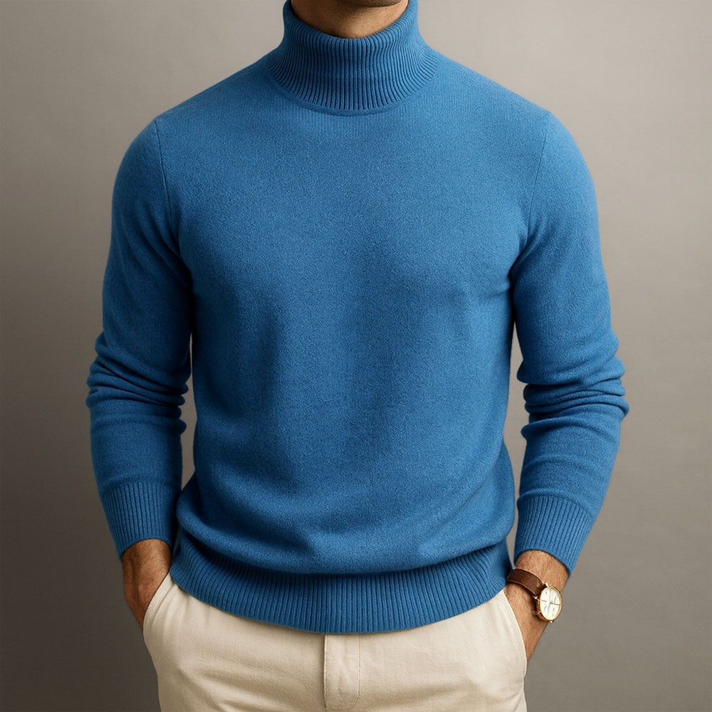 Close-up of blue turtleneck jumper with ribbed collar on male model