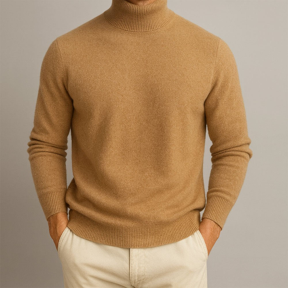 Camel turtleneck jumper styled with cream chinos, soft ribbed cuffs