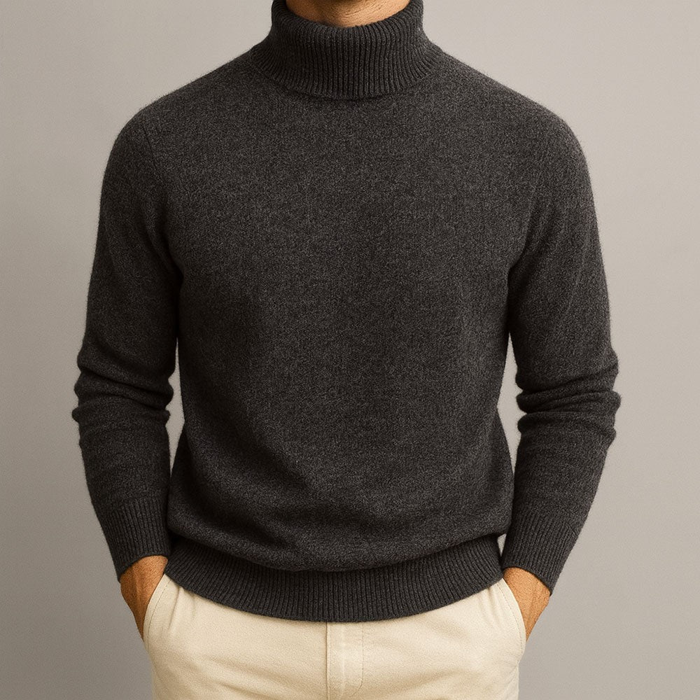 Charcoal grey turtleneck jumper with ribbed collar, casual smart menswear