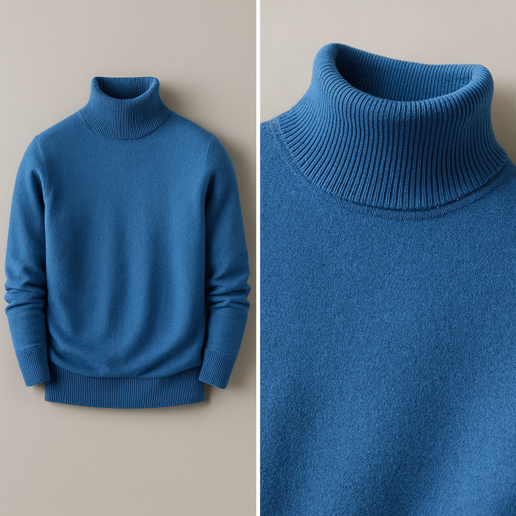 Flat lay and close-up of blue turtleneck jumper showing ribbed collar