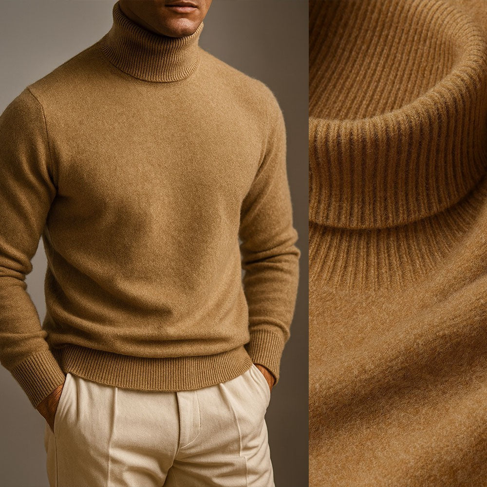 Camel turtleneck jumper close-up highlighting ribbed collar and knit texture