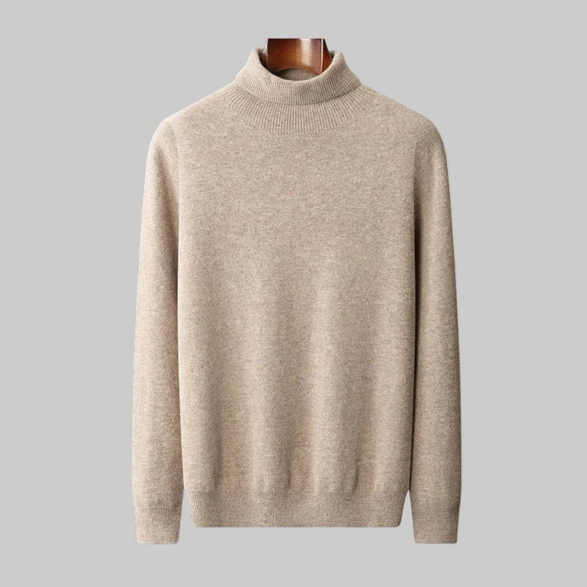 Oatmeal beige turtleneck jumper with ribbed roll neck displayed on hanger